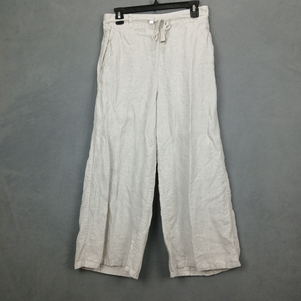 Halston Cropped Pants Women M Light Gray Linen Wide Leg Elastic Waist Drawstring